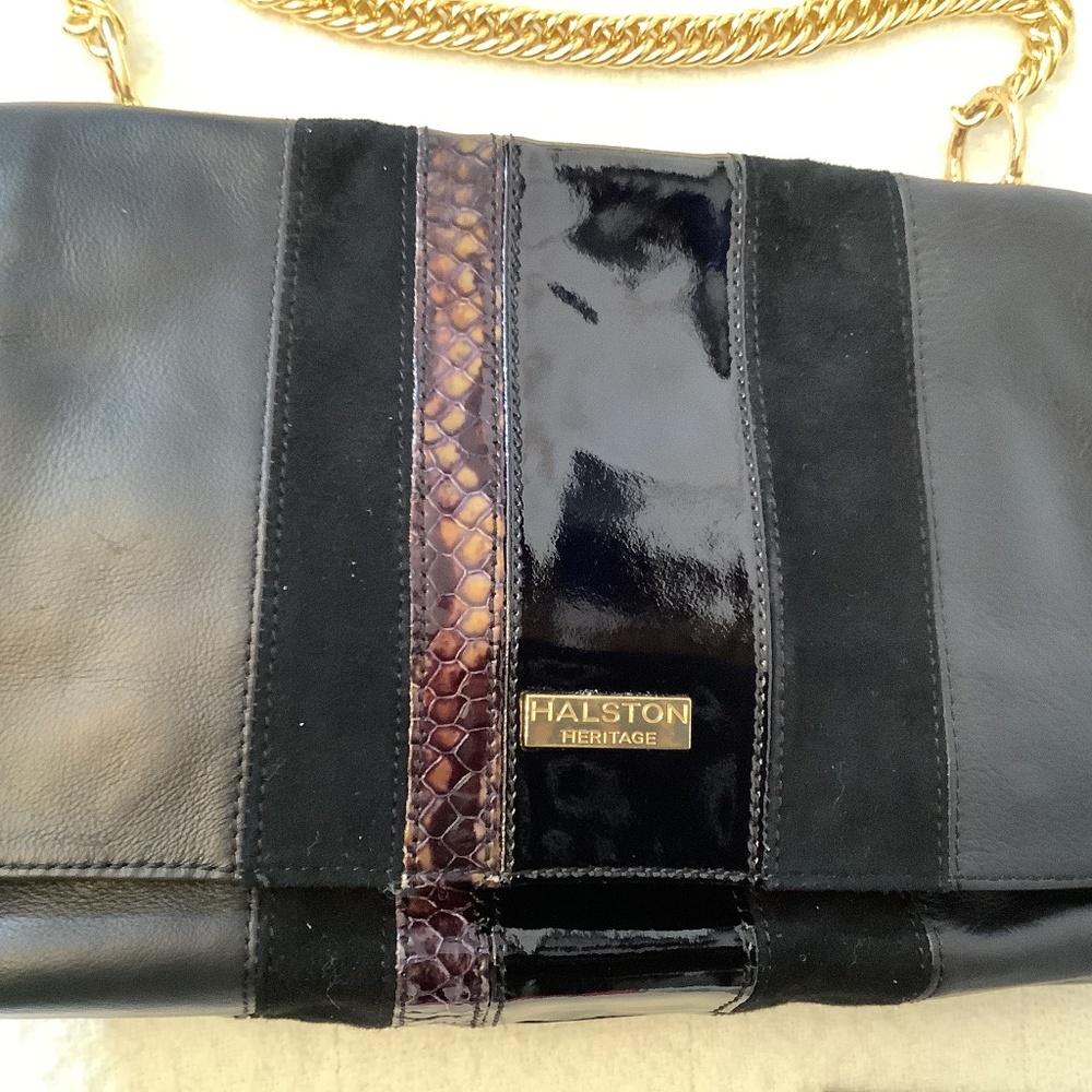 EUC Halston Heritage Black Leather suede shoulder  crossbody gold chain - Picture 3 of 17